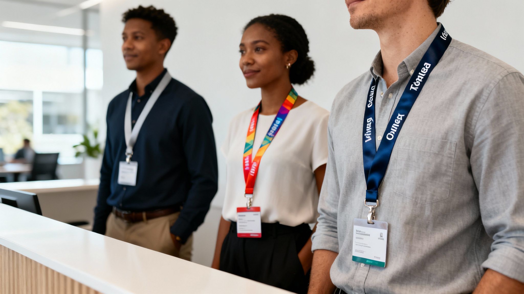 A collection of colourful custom-branded lanyards hanging together
