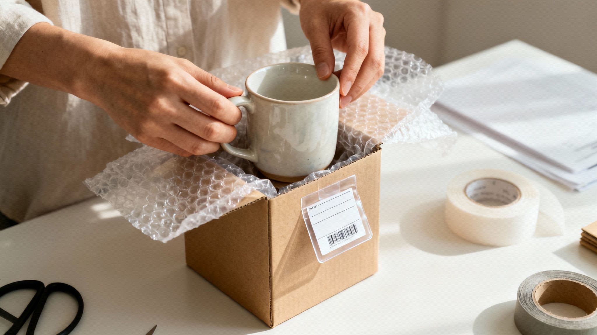 Hands placing a ceramic mug into a bubble-wrapped cardboard box for shipping.