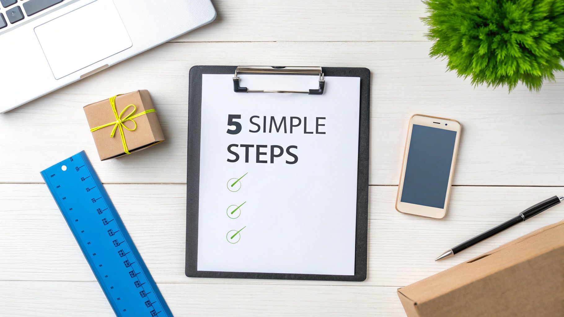 A white desk flat lay showing a clipboard titled '5 Simple Steps', laptop, phone, and shipping items.