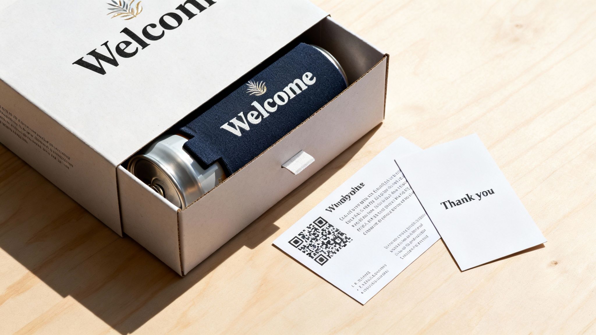 A 'Welcome' gift box open, revealing a can in a navy blue 'Welcome' stubby holder, with two white cards nearby.