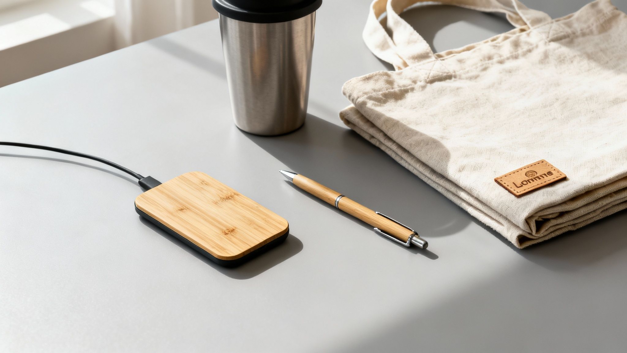 A minimalist flat lay of eco-friendly promotional products: bamboo charger, pen, stainless steel mug, and canvas tote bag.