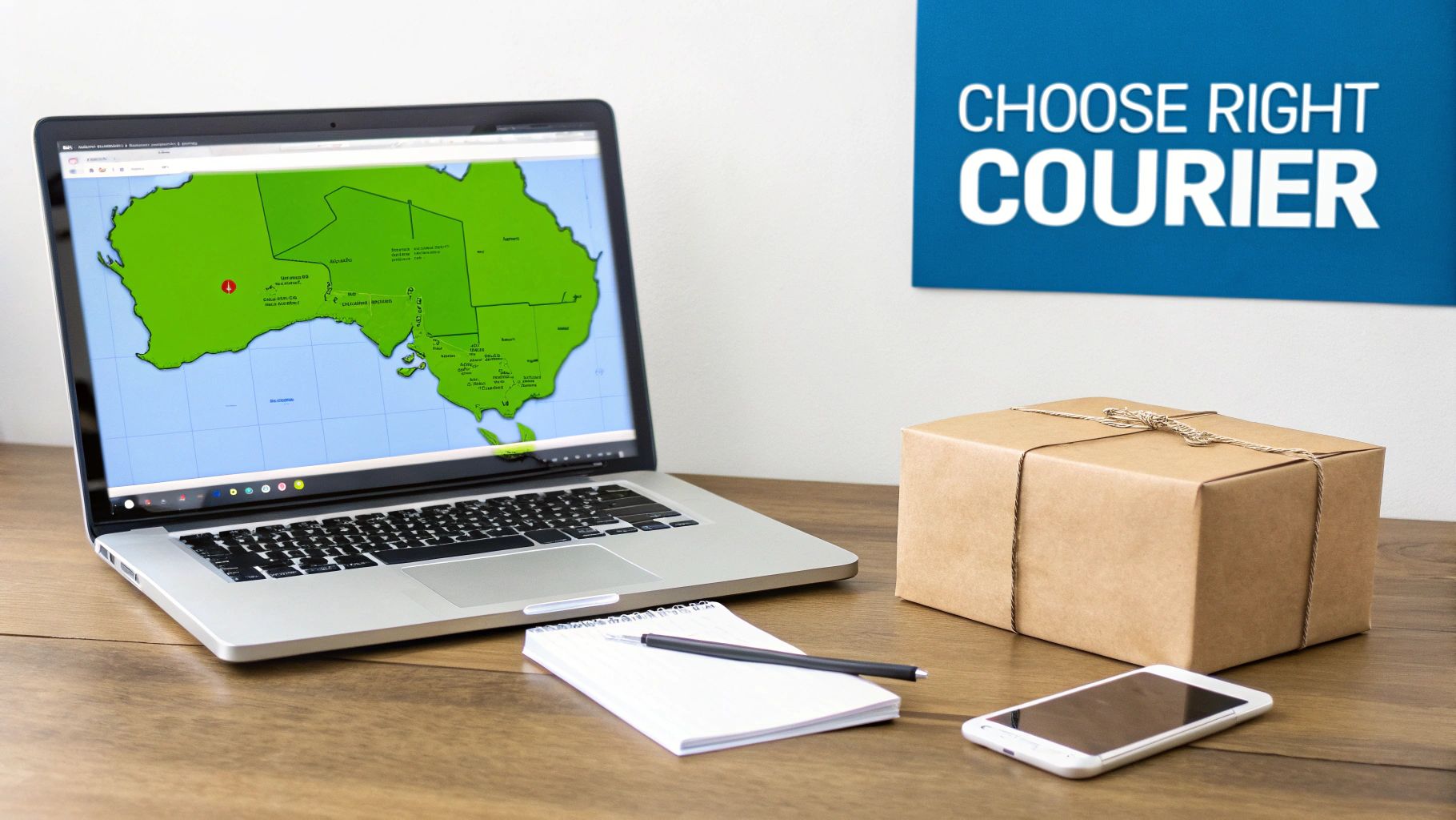 A desk with a laptop showing Australia map, a package, notepad, and smartphone, with a 'CHOOSE RIGHT COURIER' sign.