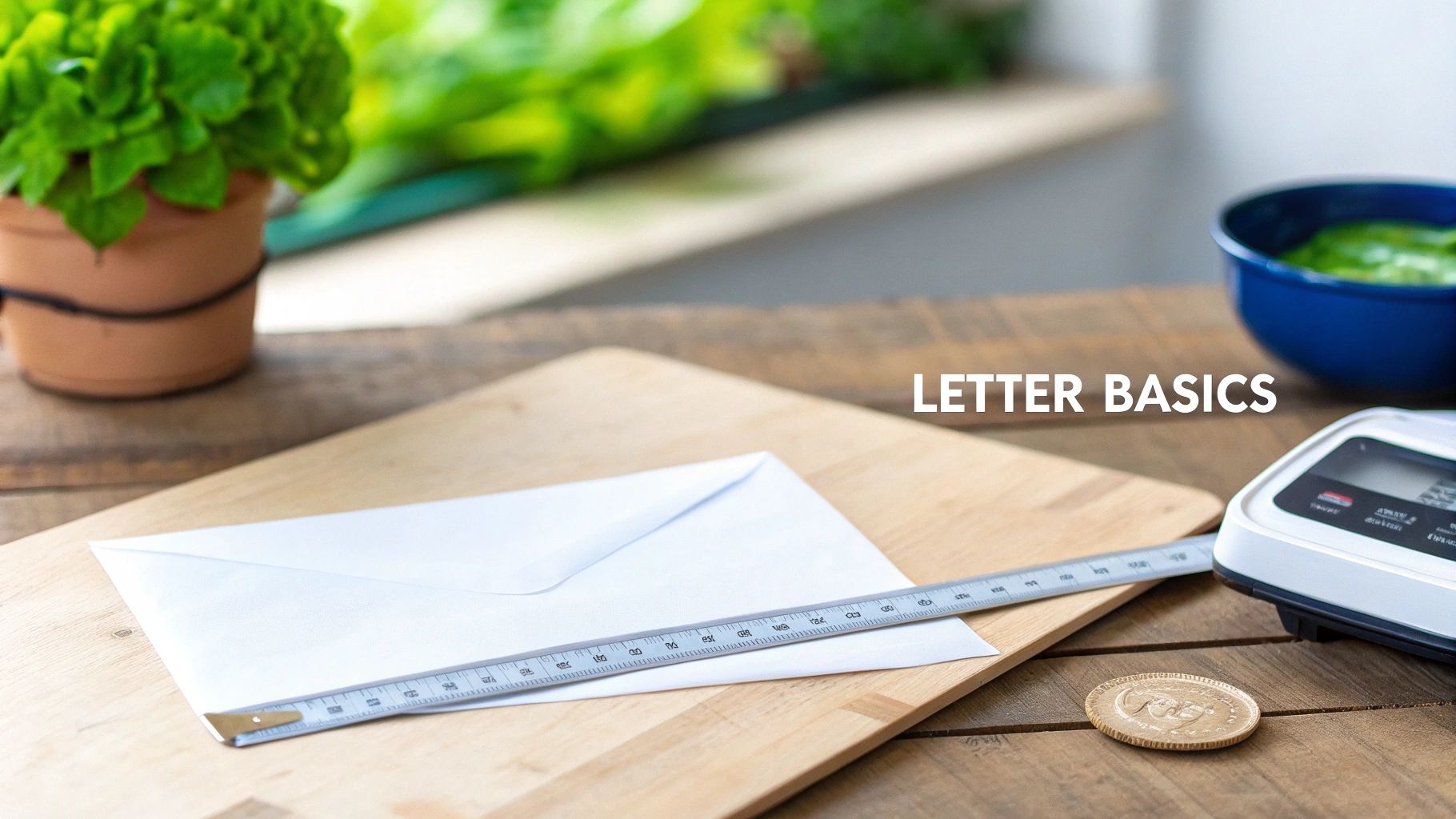 A flat lay shot of an envelope, ruler, scale, and a coin on a wooden table, with text 'LETTER BASICS'.