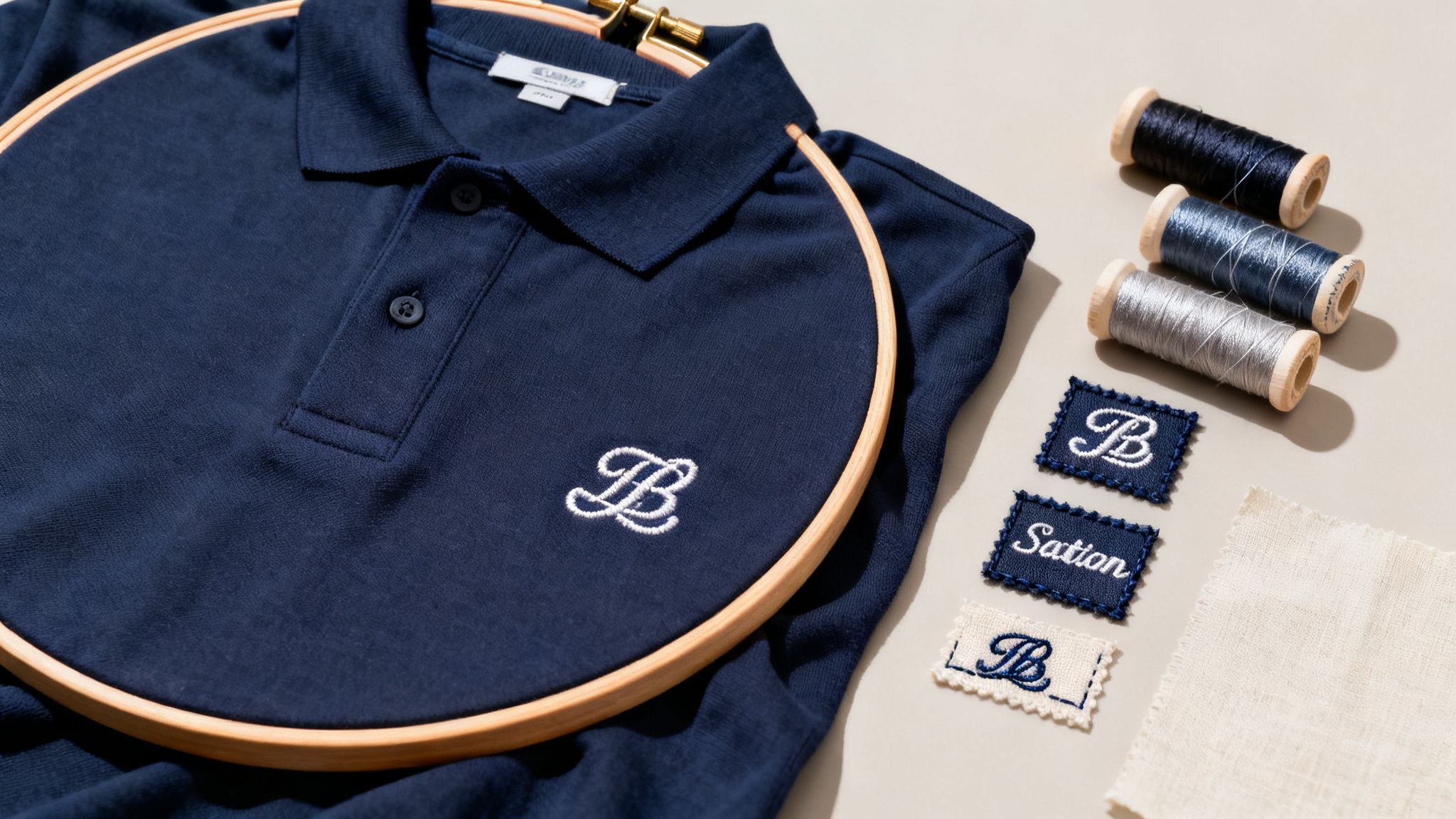A blue polo shirt with an embroidered 'B' in a hoop, surrounded by thread spools and patches.