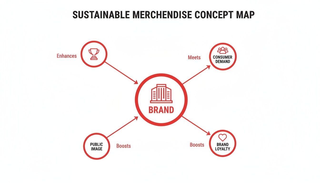 A concept map showing how sustainable merchandise enhances a brand, meets consumer demand, and boosts public image and loyalty.