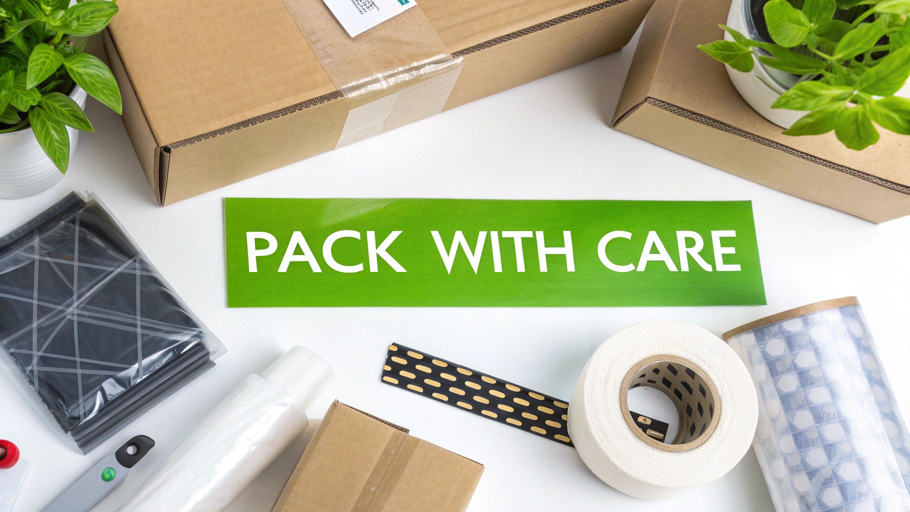 Overhead view of shipping supplies: cardboard boxes, 'PACK WITH CARE' sign, tape, and bubble wrap on a white surface.