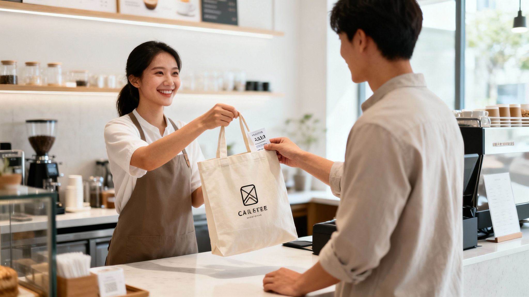 A smiling female barista hands a customer a 'CAREFEF' branded tote bag at a bright coffee shop.