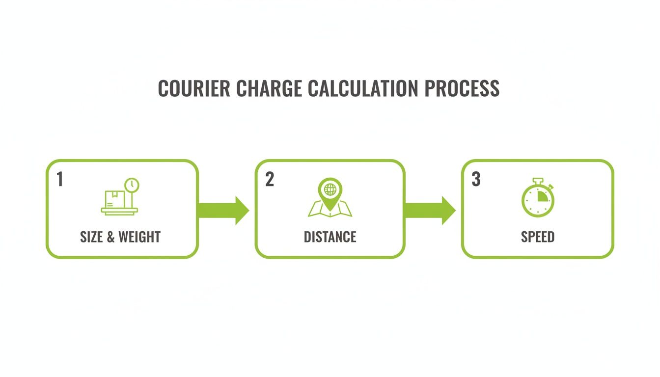 A flowchart detailing the three-step courier charge calculation process: size & weight, distance, and speed.