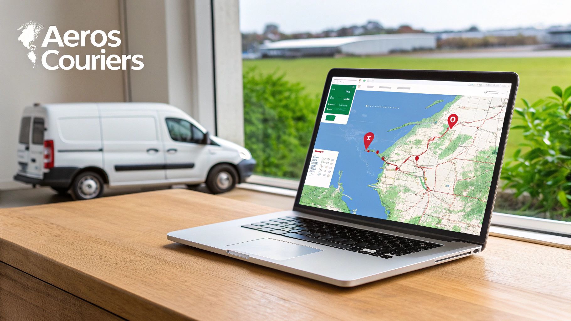 Laptop on desk displaying a courier delivery map with routes and pins, a white van is outside.