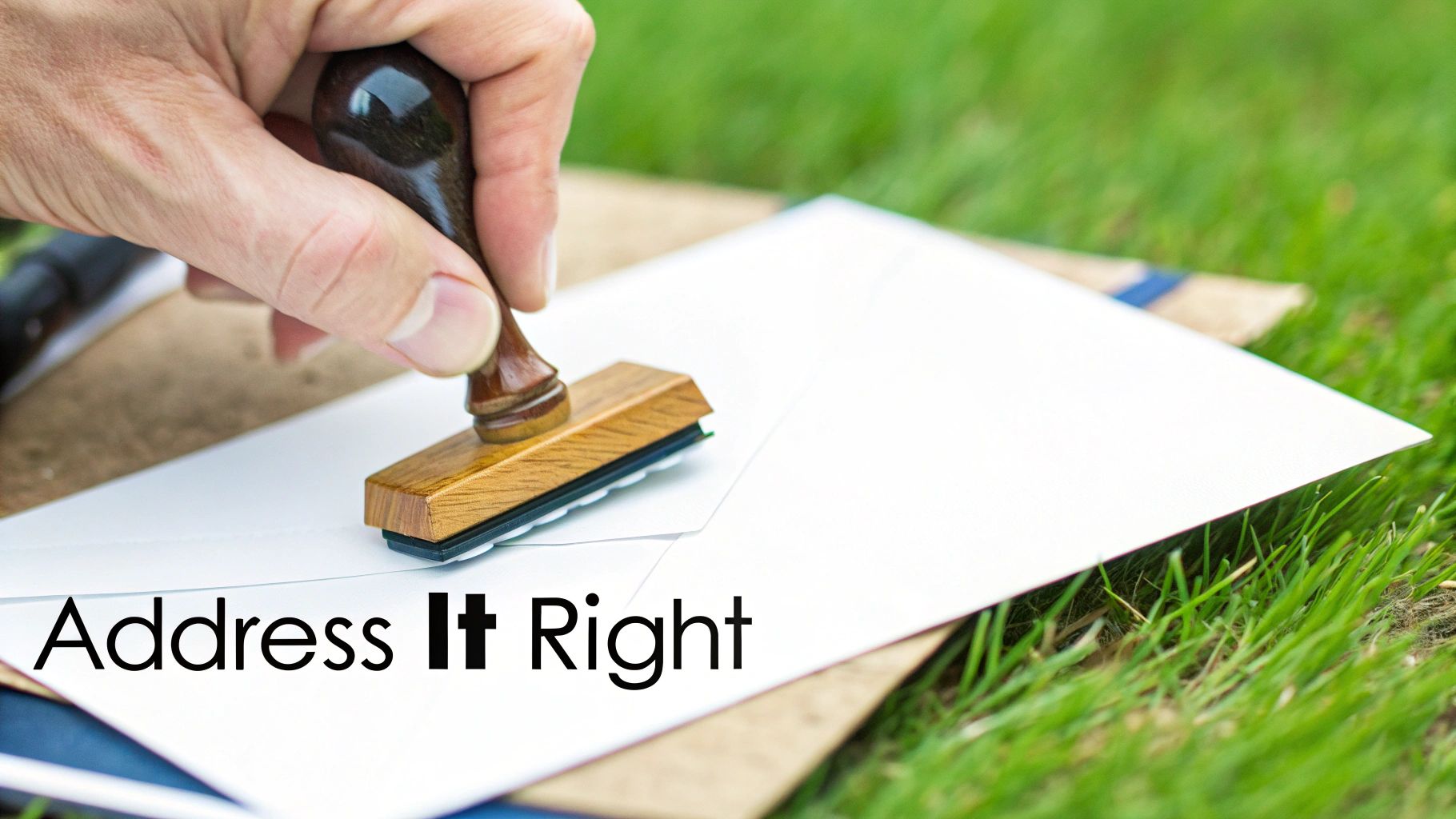 A hand holds a wooden stamp over a white envelope resting on green grass, with text 'Address It Right'.