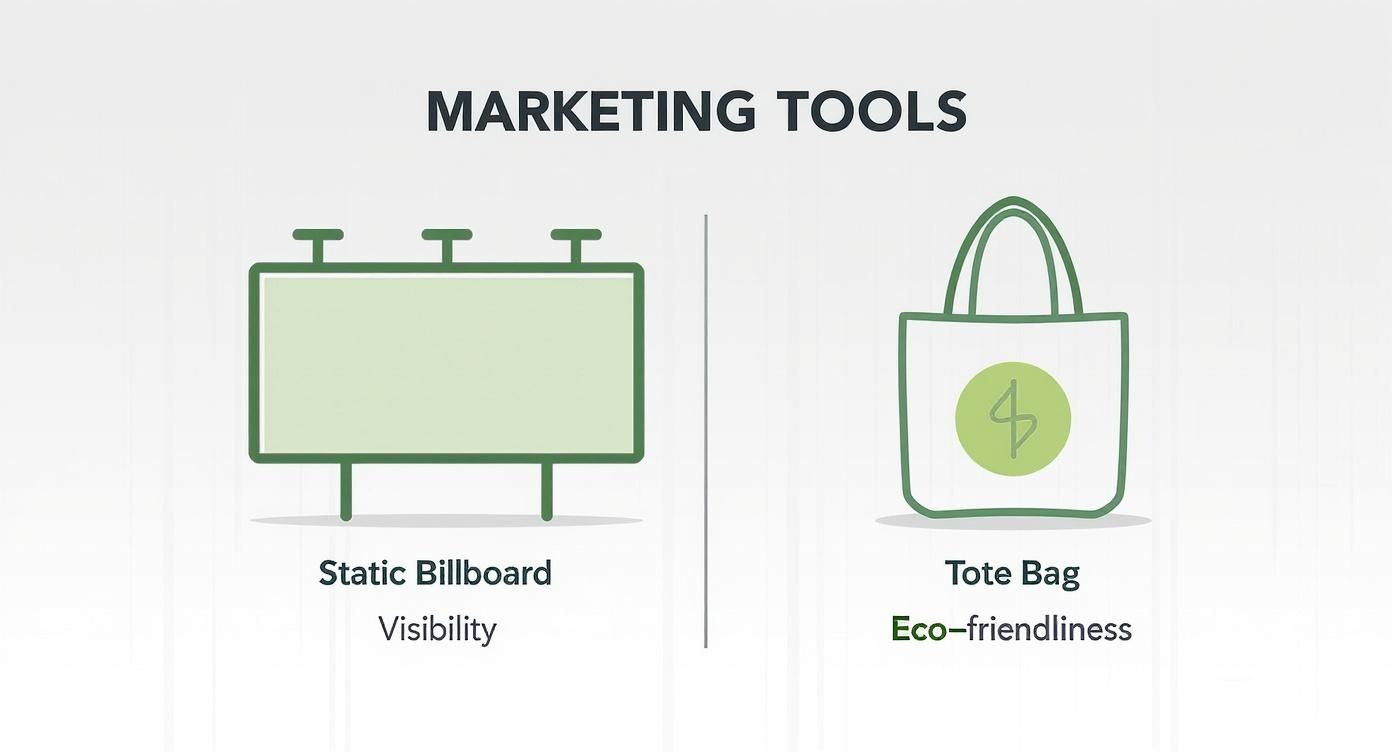 Infographic comparing the visibility and eco-friendliness of printed tote bags versus static billboards