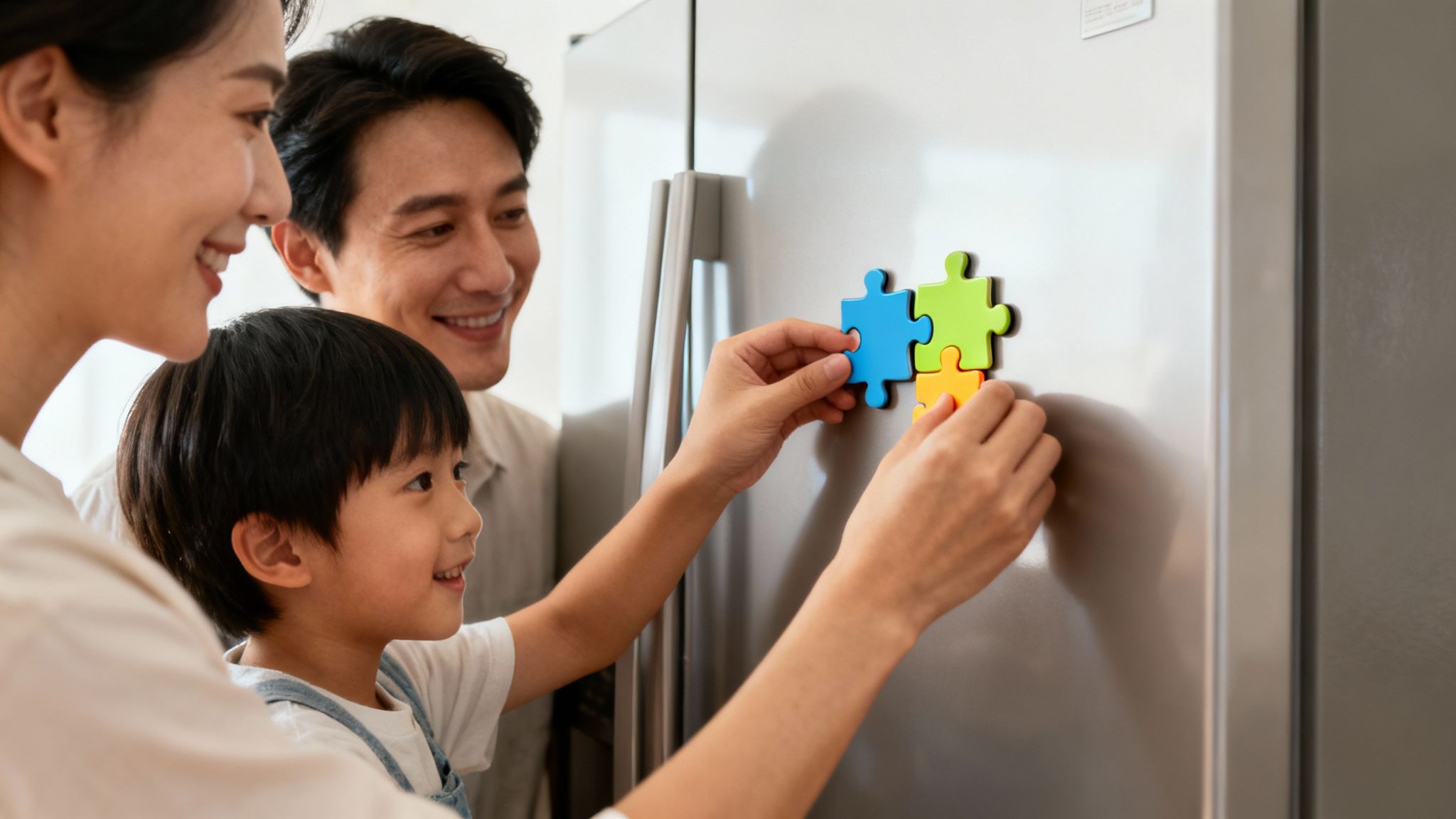 A happy Asian family, including a smiling child, puts colorful puzzle piece magnets on a refrigerator.