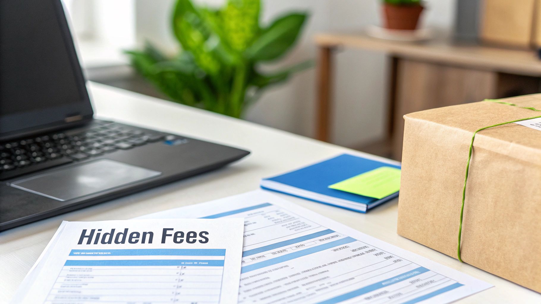 Close-up of a desk with a laptop, 'Hidden Fees' document, blue notebook, and a brown shipping box.