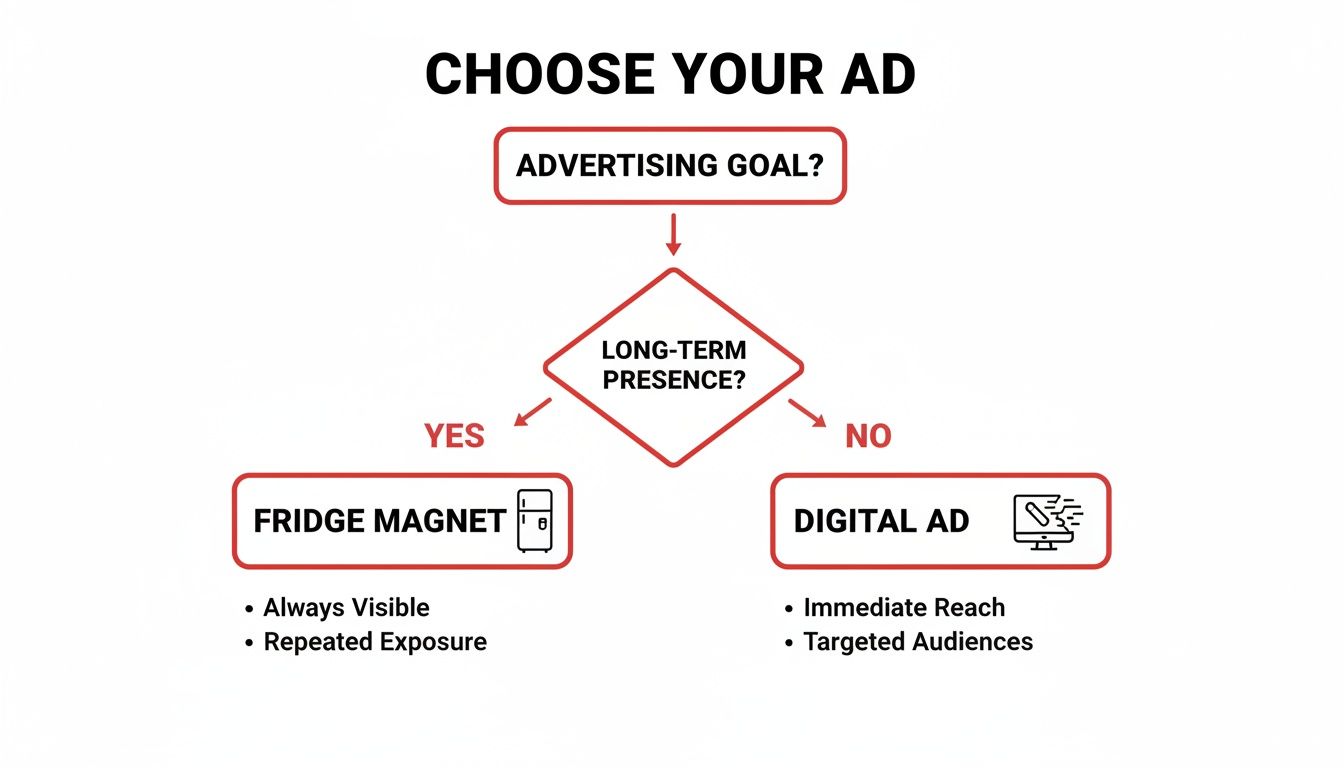 A flowchart explaining ad selection: fridge magnet for long-term presence, digital ad for immediate reach.