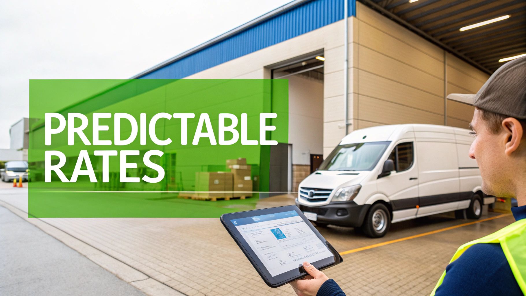 Logistics worker with a tablet looks at a delivery van and warehouse, featuring 'PREDICTABLE RATES' text.