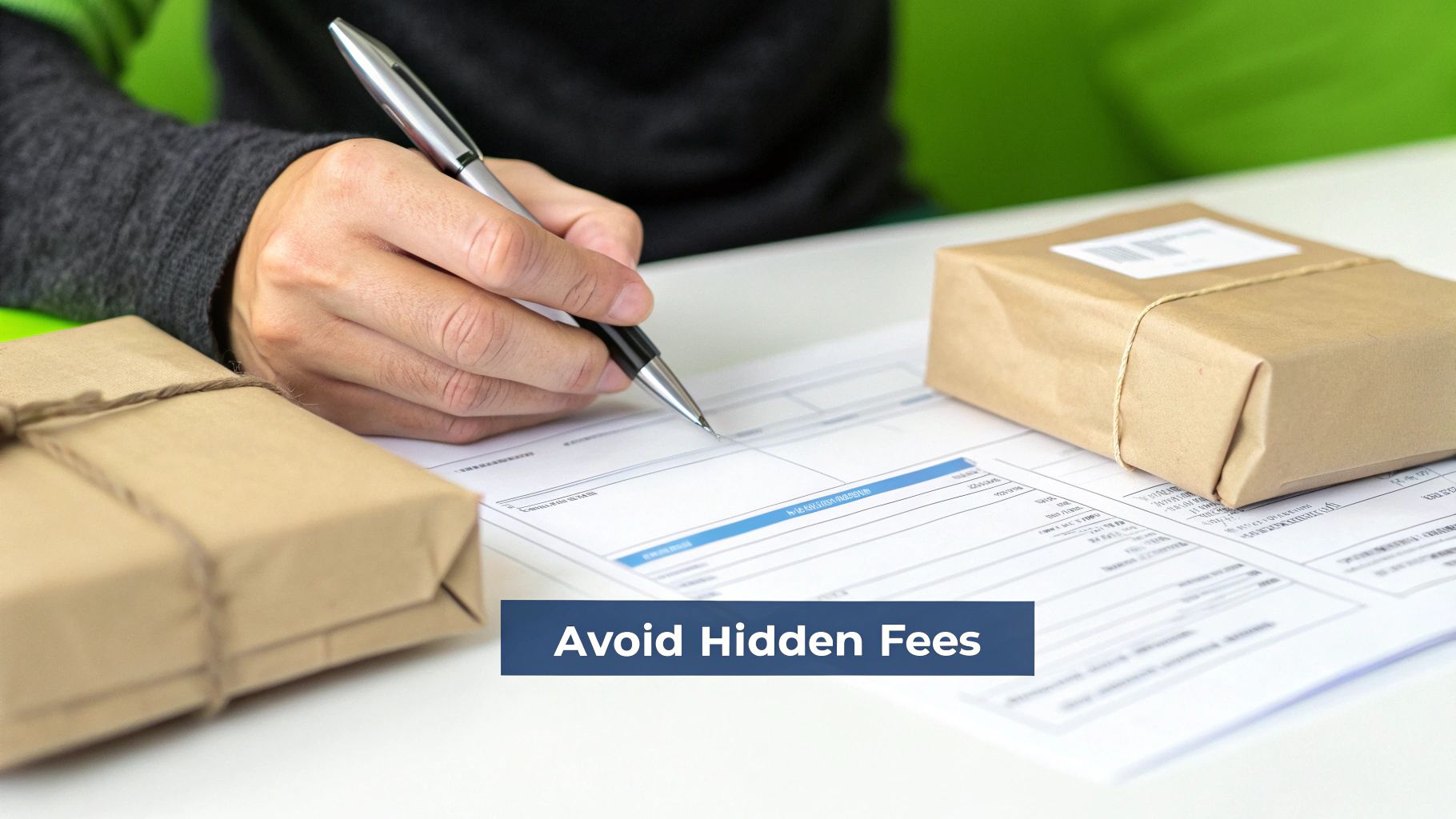 Person writing on a document next to brown packages, with text overlay 'Avoid Hidden Fees'.