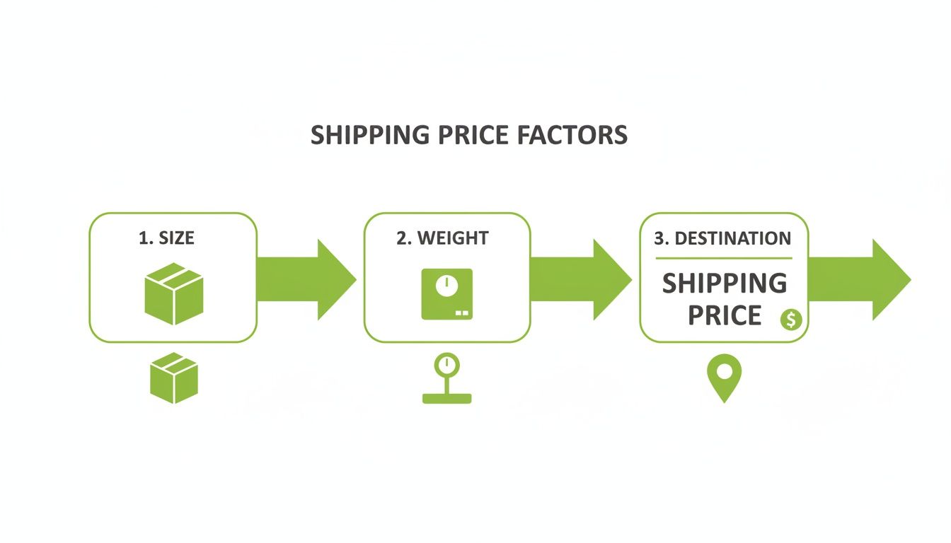 Flowchart illustrating the key factors influencing shipping price: size, weight, and destination, leading to the final cost.