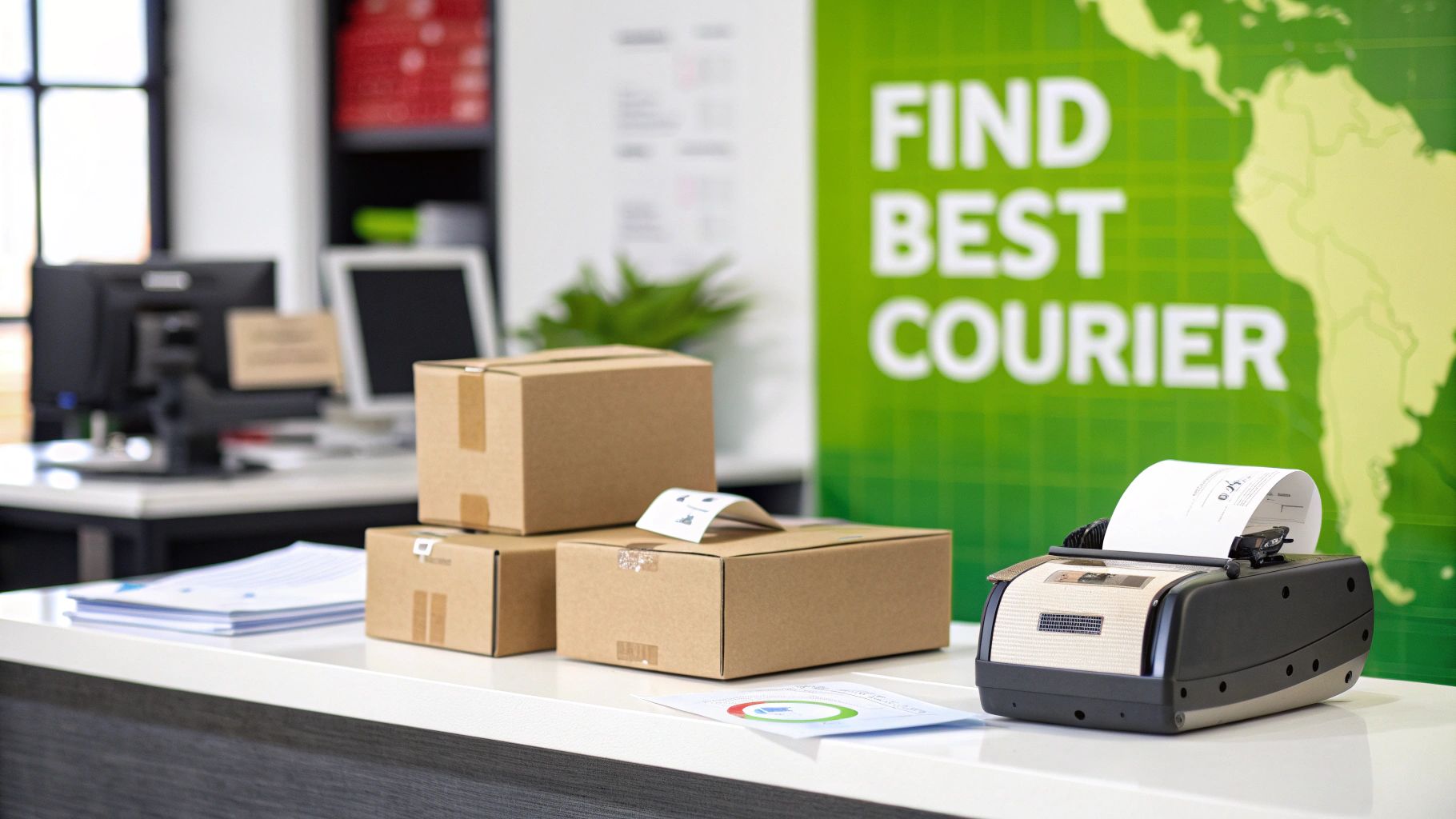 Packages and a label printer on a counter, with a 'Find Best Courier' sign in the background.