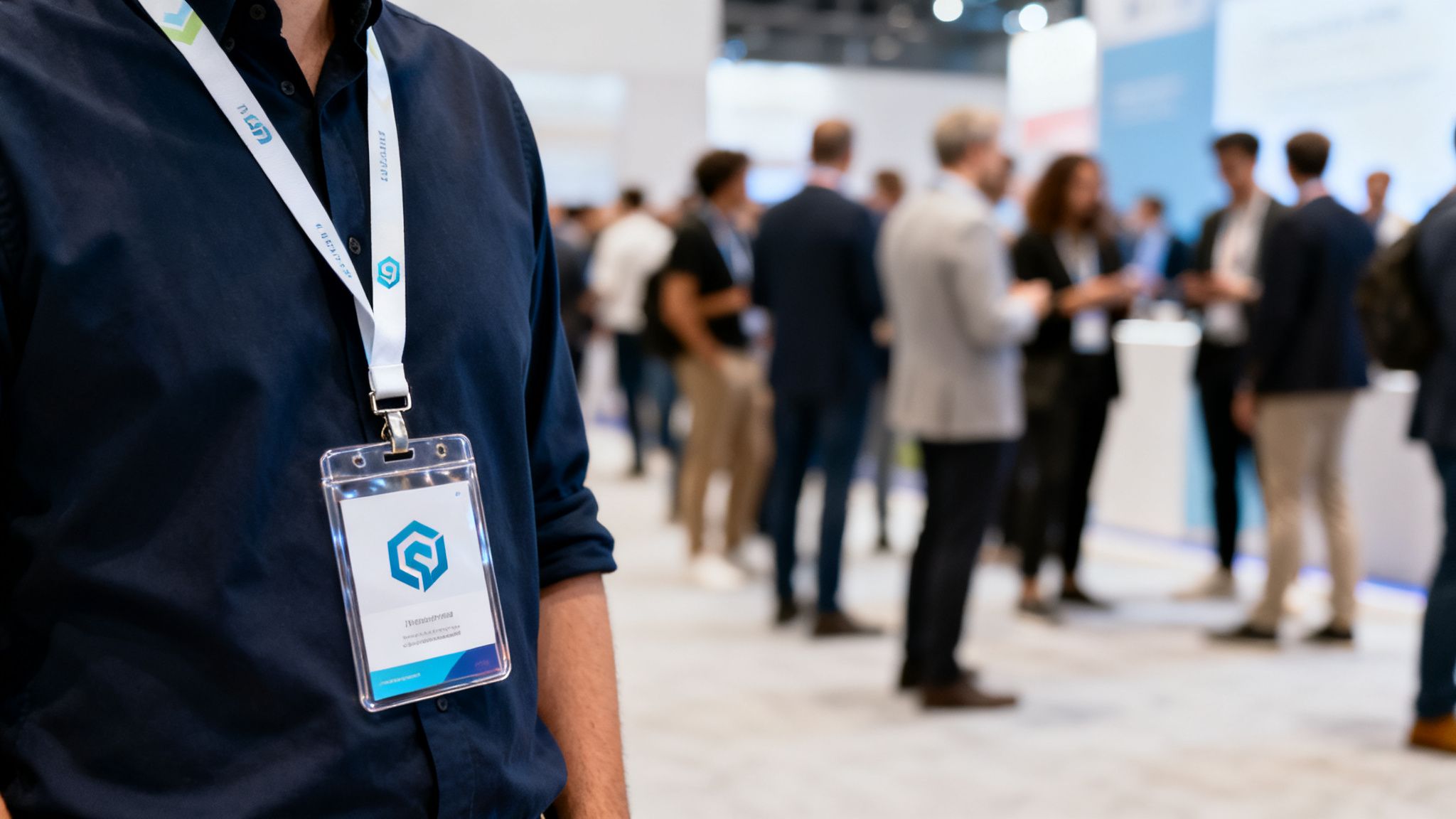 A person wears a white lanyard with a blue logo and an ID badge at a busy conference.