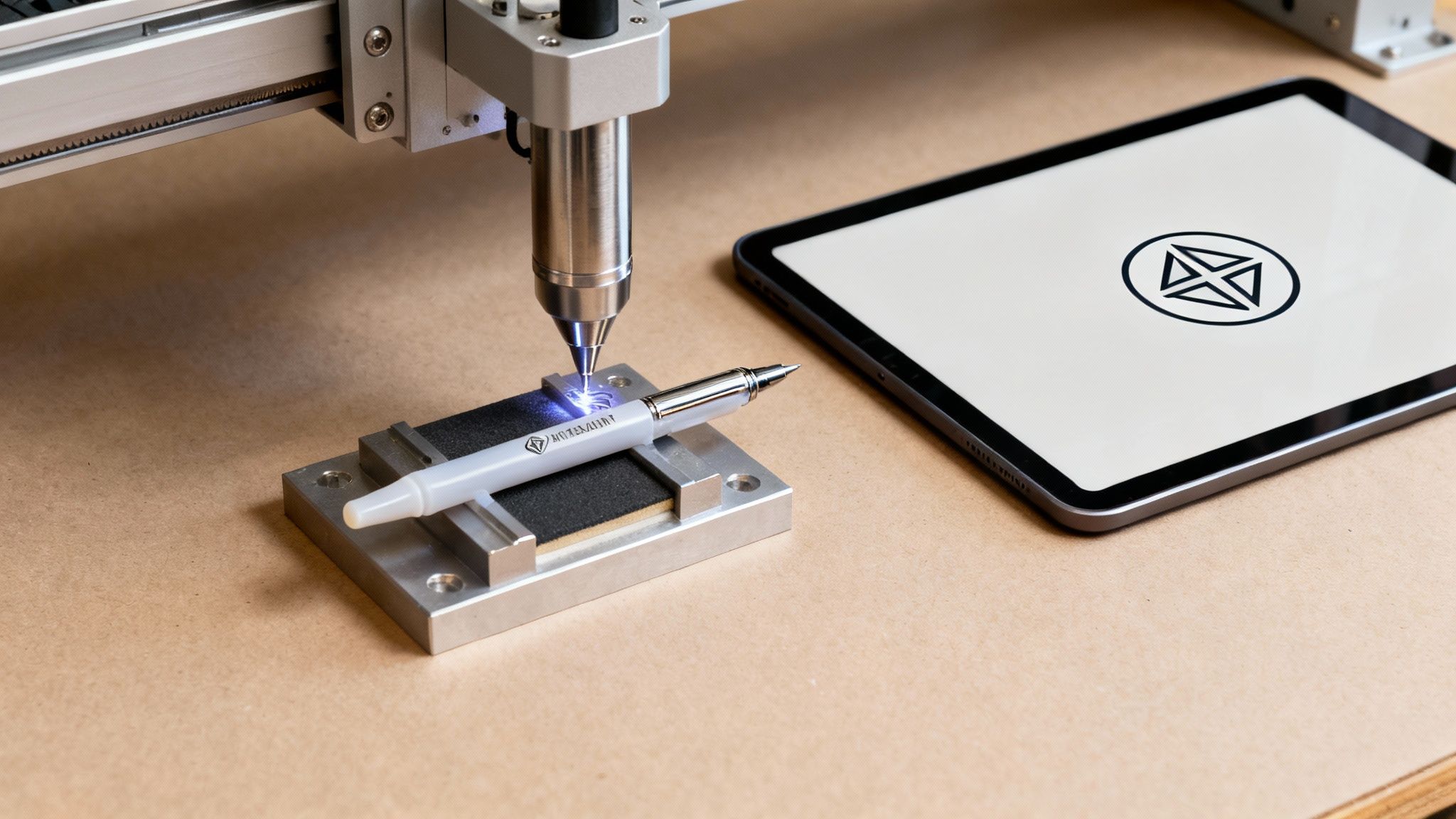 A machine engraves a logo onto a light gray pen, with a tablet nearby displaying the same logo.