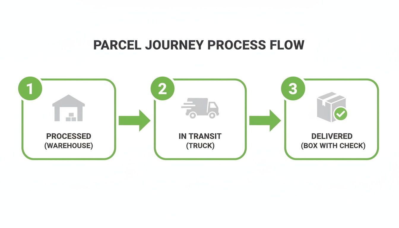 Process flow diagram showing parcel shipment steps from warehouse processing to truck transit and final delivery.