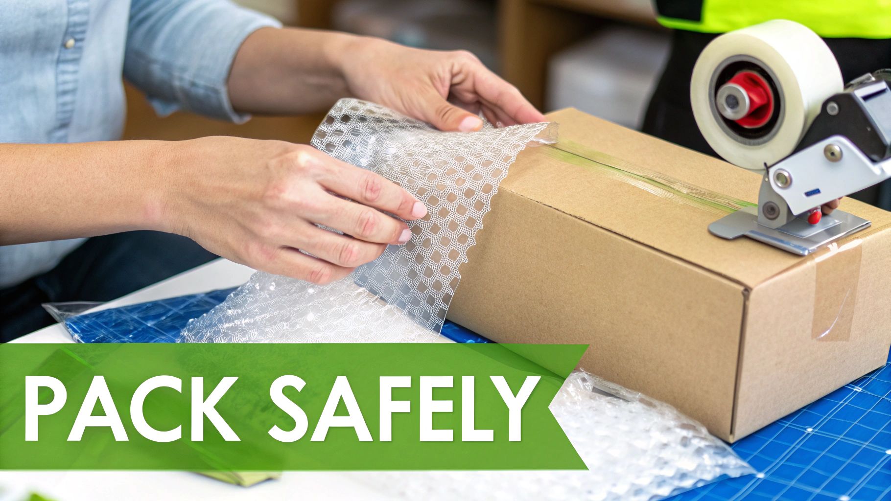 Hands carefully wrap a cardboard box with protective bubble wrap for safe shipping.