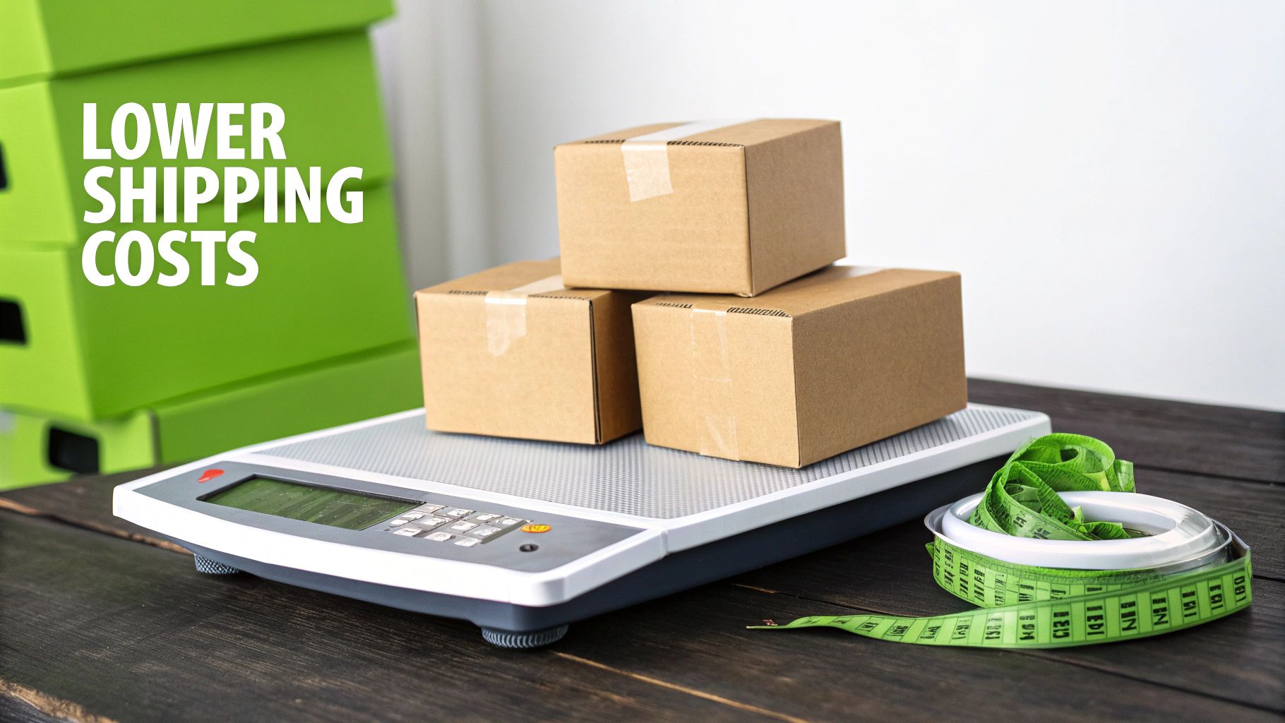Three packages on a digital shipping scale with a measuring tape to estimate costs.