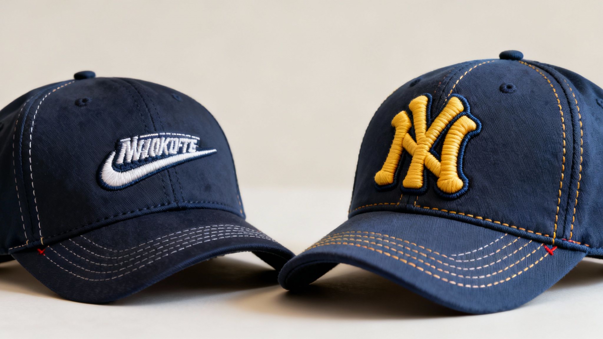Two navy blue baseball caps. One with a white 'NIOKOFTE' logo, the other with a yellow 'NY' logo.