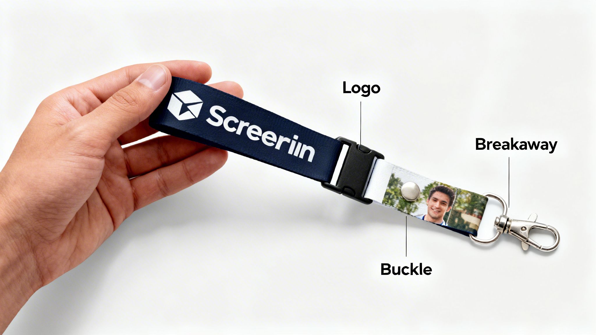 Hand holding a personalized lanyard with a company logo, a person's photo, a buckle, and a breakaway clasp.