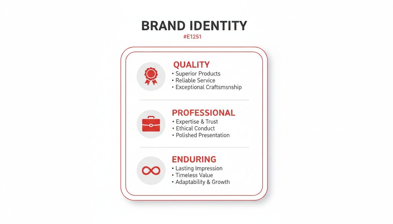 A diagram titled 'Brand Identity' listing Quality, Professional, and Enduring values with icons and bullet points.