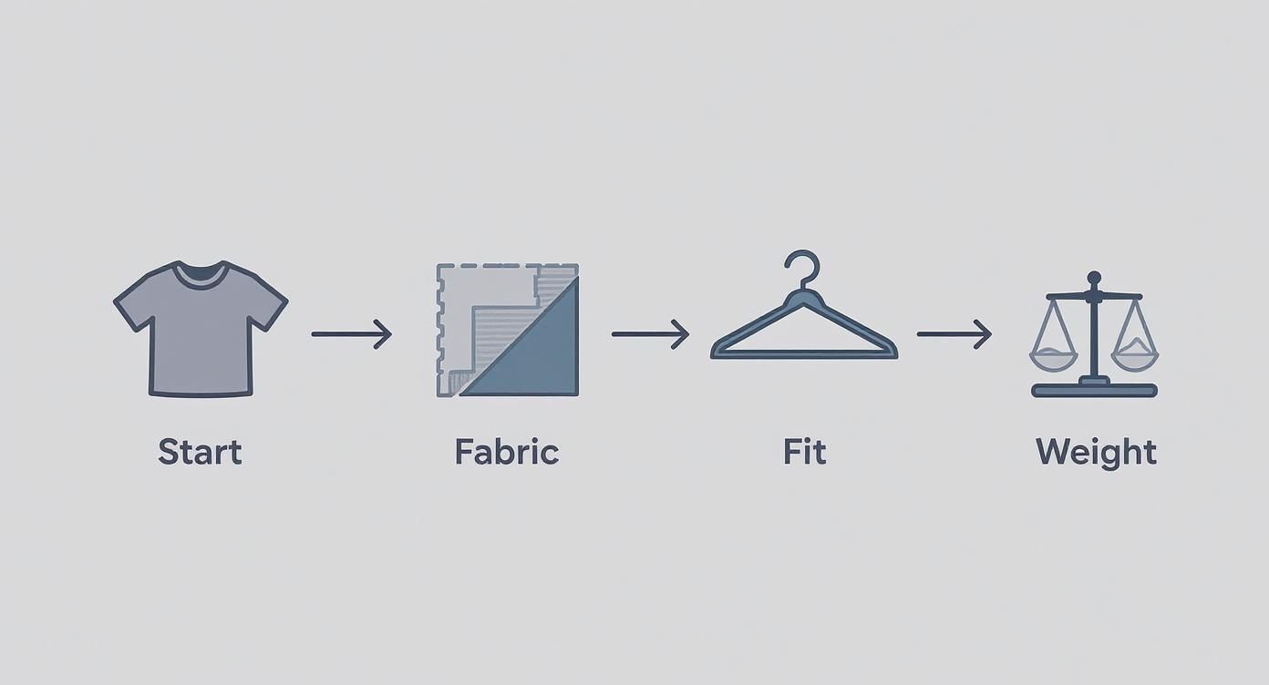 Custom t-shirt design process flowchart showing four stages from start through fabric, fit, and weight selection