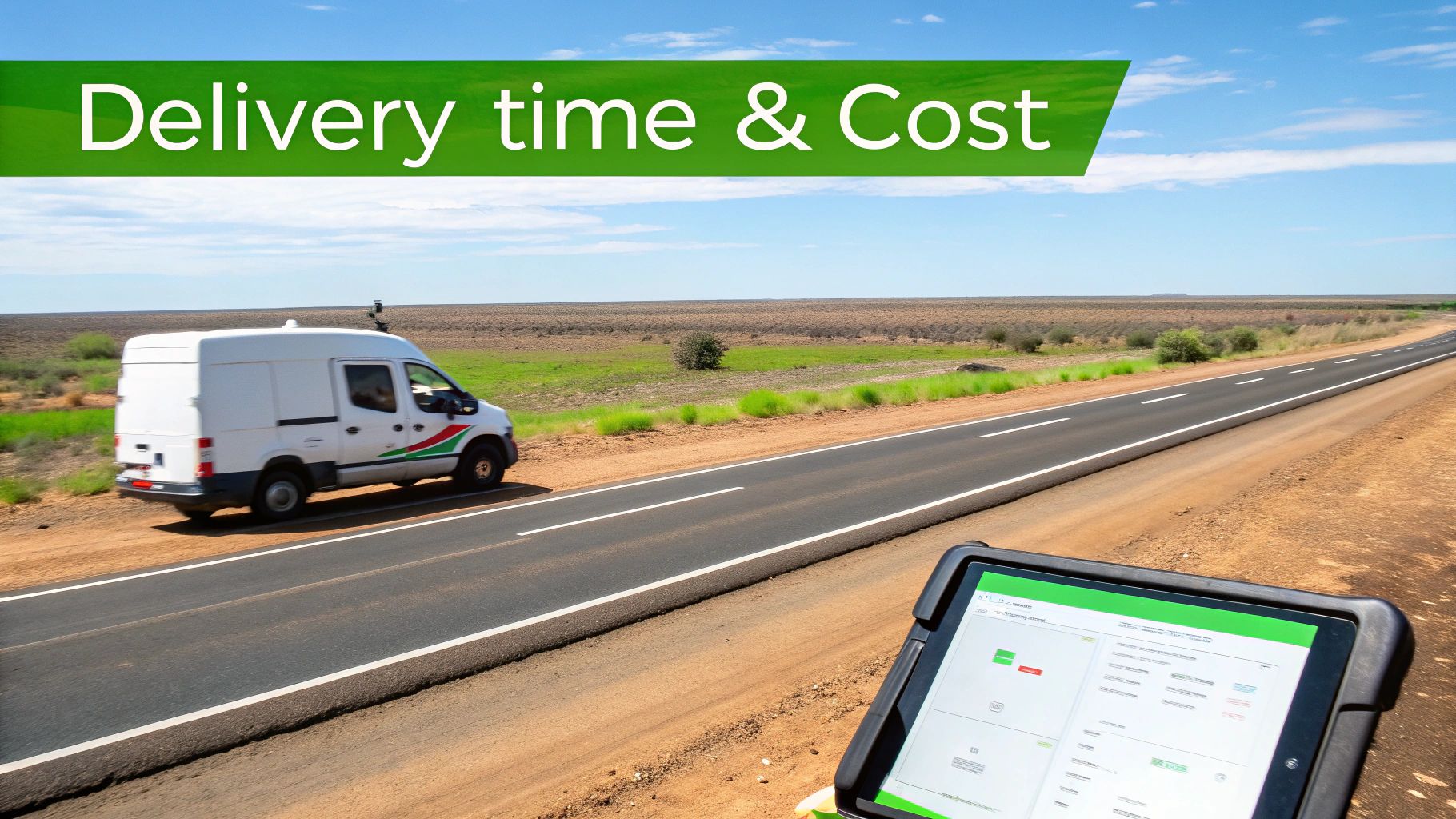 A white delivery van on a long road with a tablet showing logistics details, highlighting delivery time and cost.