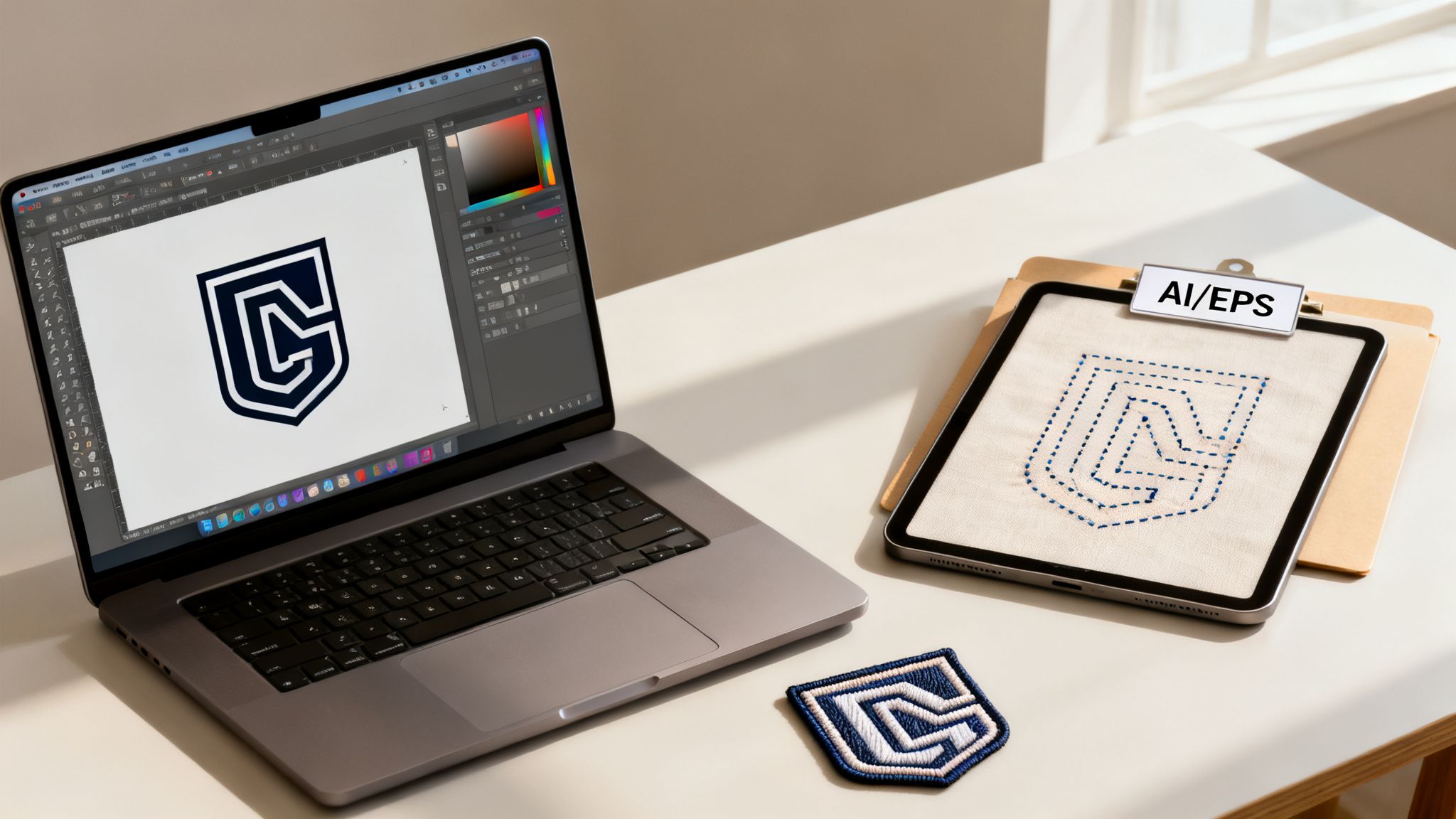 A logo design on a laptop screen, a tablet with a stitched version, and an embroidered patch, showing the design process.