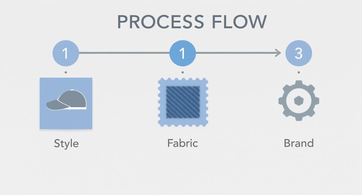 Process flow diagram illustrating three steps: Style (cap), Fabric swatch, and Brand (gear icon).