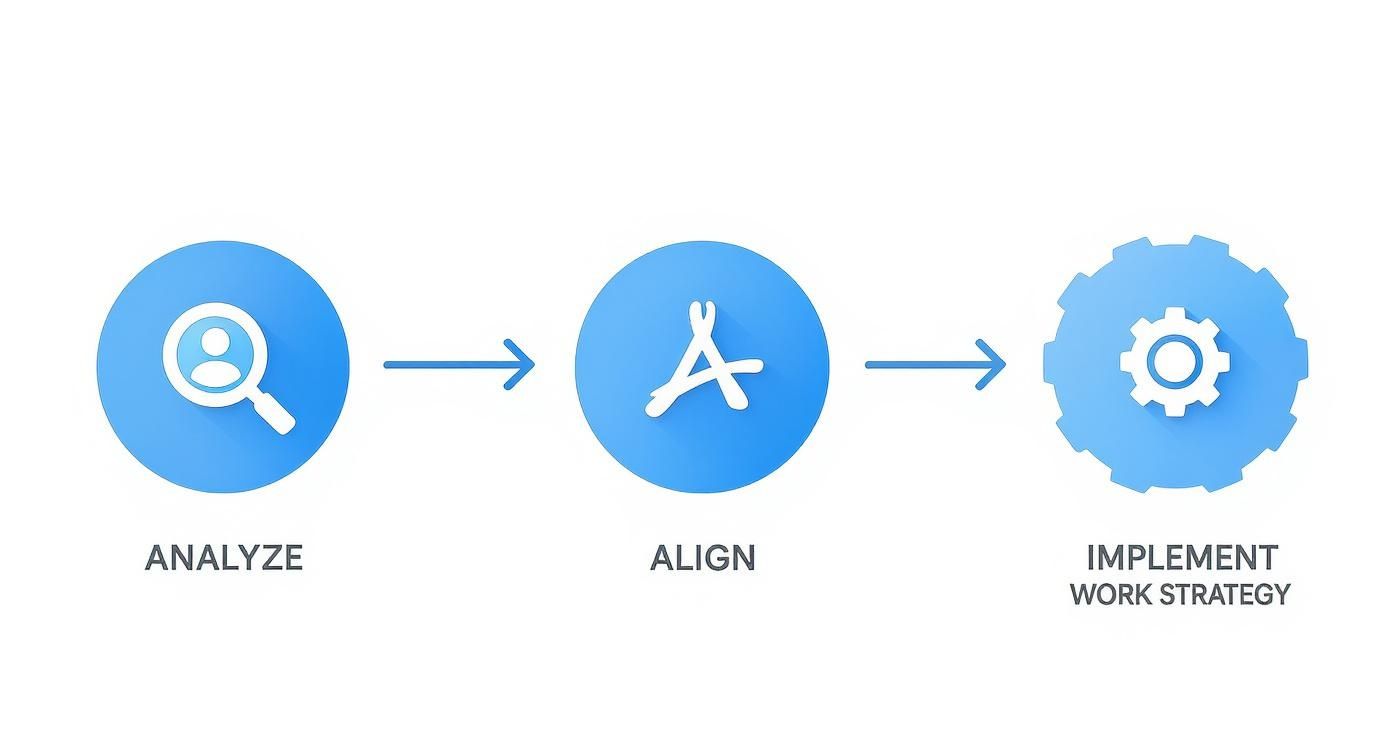 A three-step workflow showing Analyze (magnifying glass with person), Align (A-like symbol), and Implement Work Strategy (gear icon).