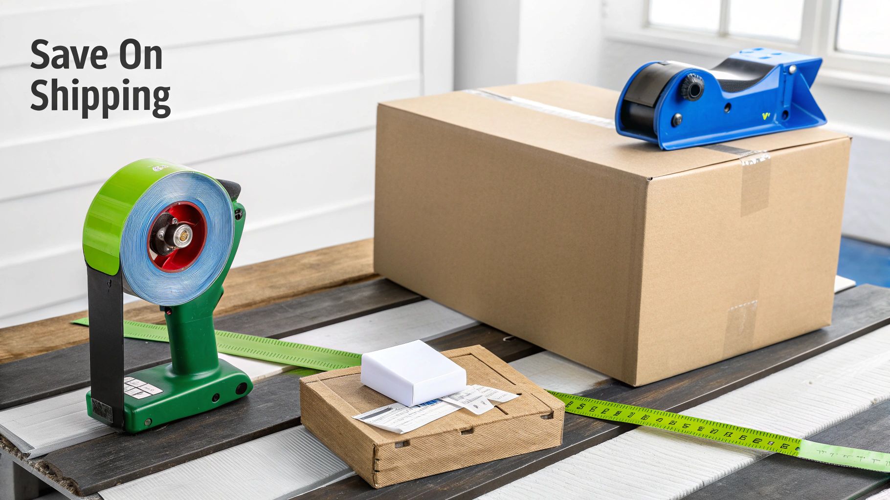Shipping supplies on a table including boxes, tape dispensers, and a measuring tape, with 'Save On Shipping' text.