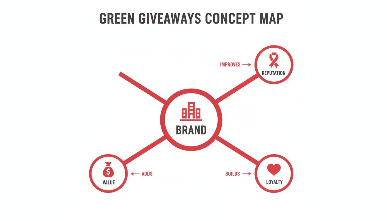 A concept map illustrating how green giveaways enhance a brand's reputation, loyalty, and value.