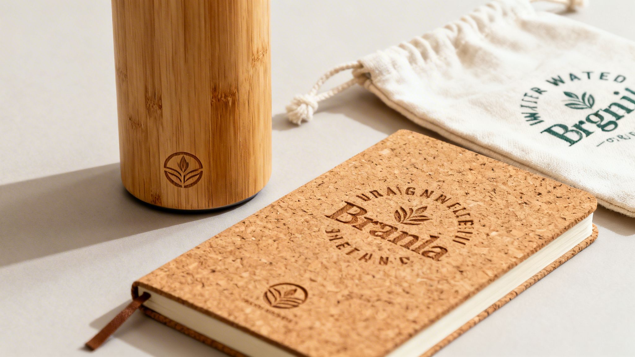 Sustainable branded merchandise: a bamboo water bottle, cork notebook, and a canvas pouch with nature-inspired logos.