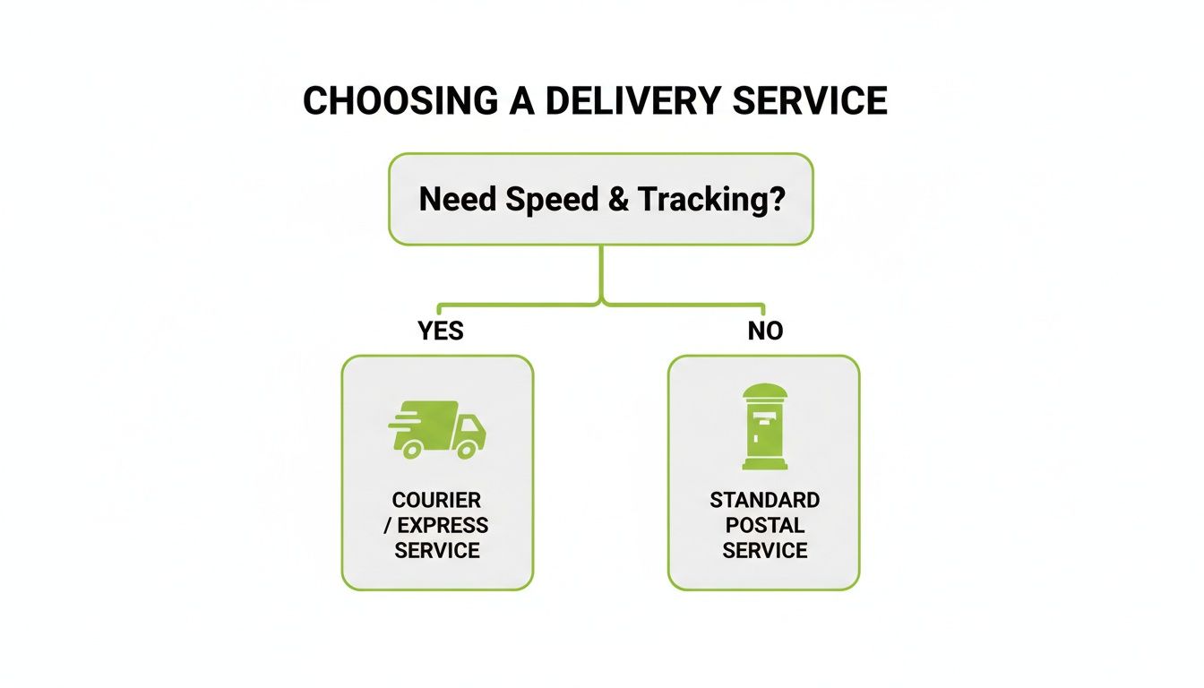 Flowchart guides choosing between courier/express or standard postal delivery based on speed and tracking requirements.