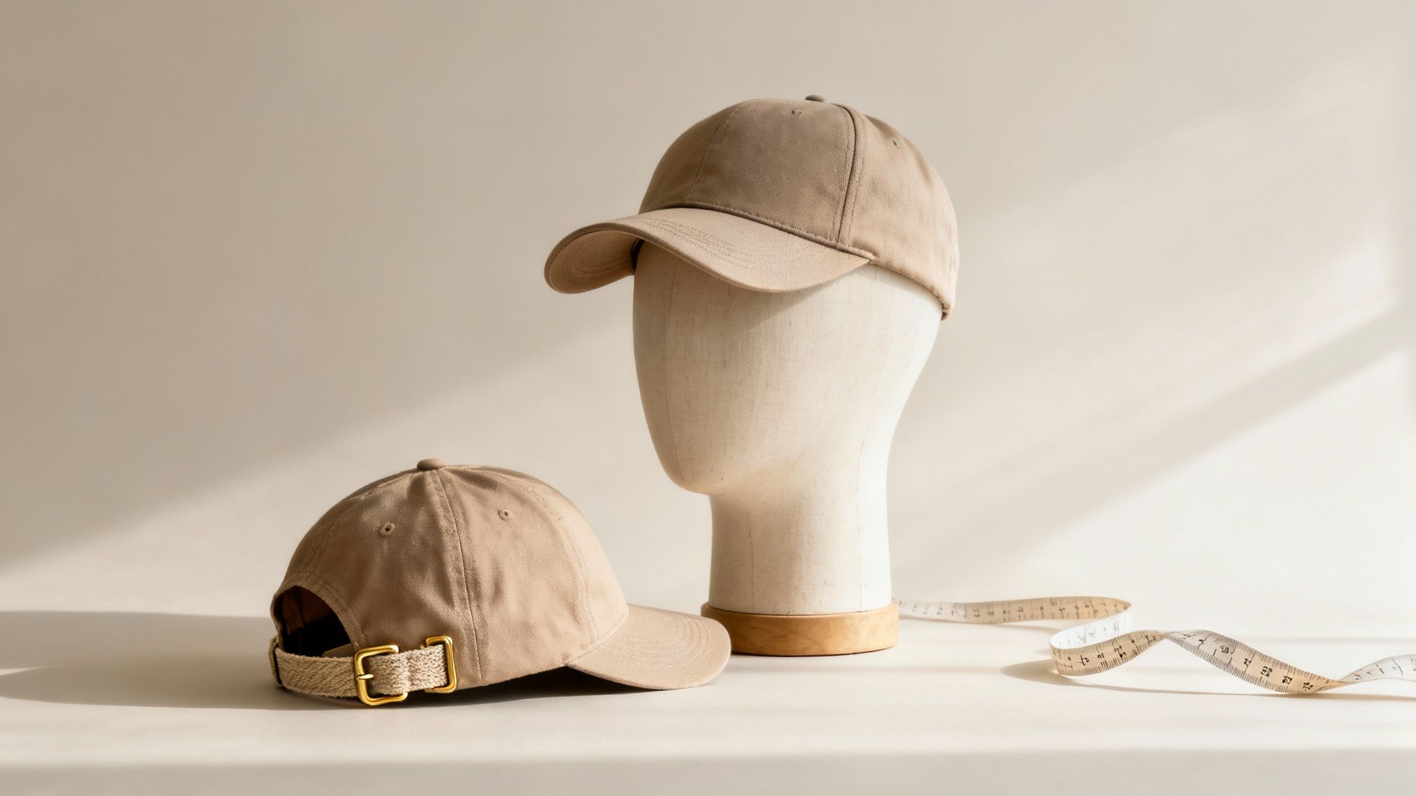 A person adjusting the strap on the back of a branded cap.