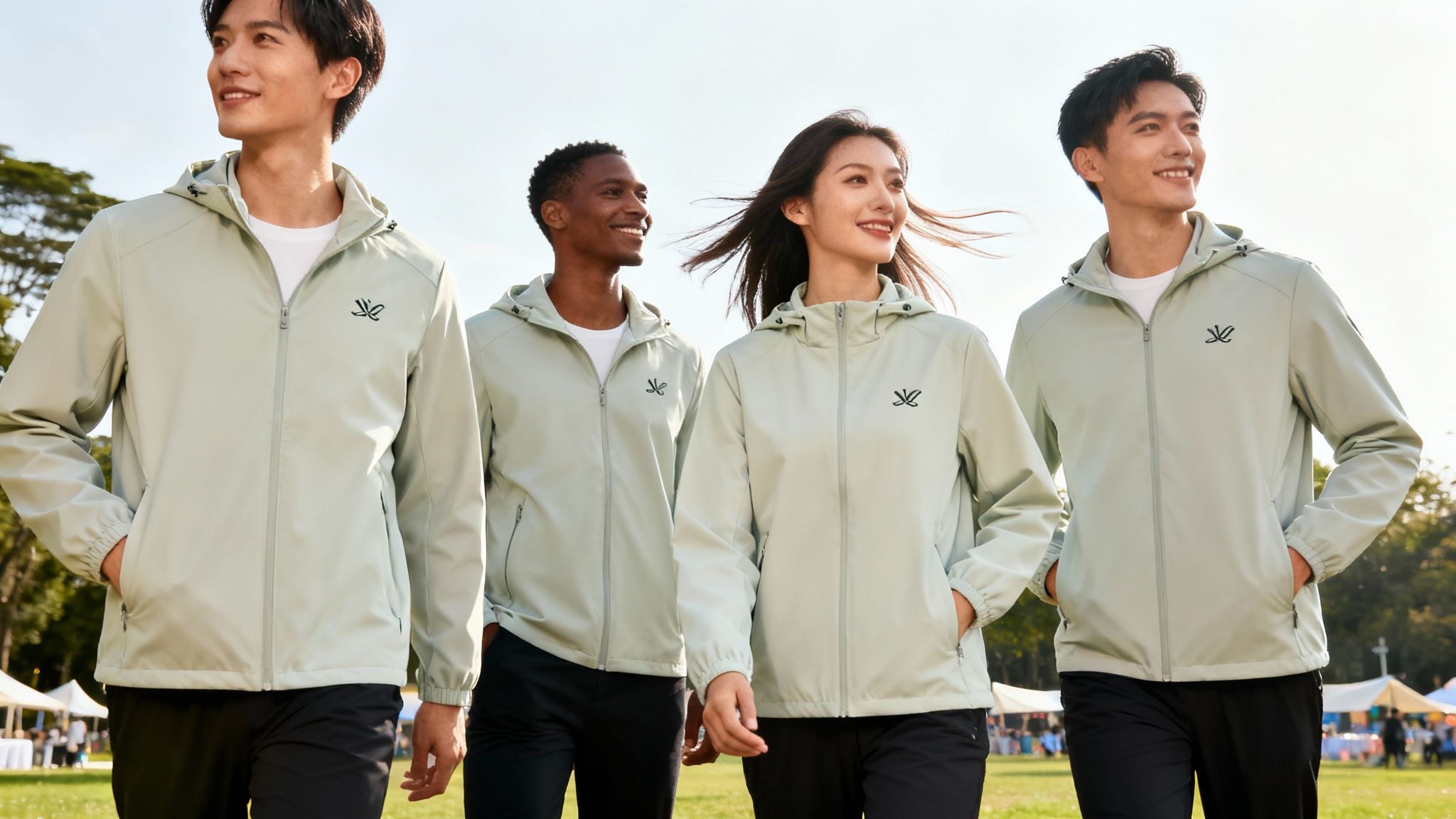 Four diverse young adults smiling and walking outdoors in light green soft shell jackets.