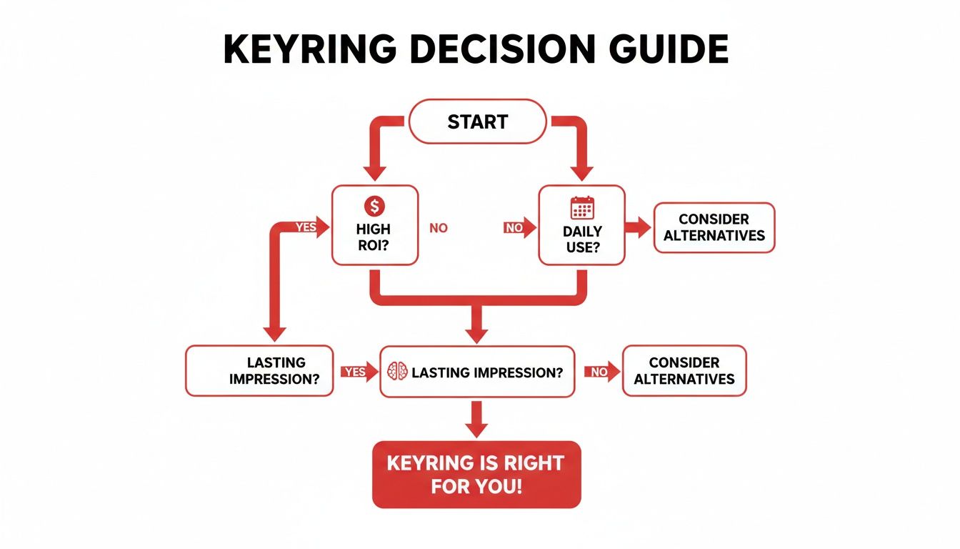 Flowchart decision guide for promotional keyrings, evaluating ROI, daily use, and lasting impression.