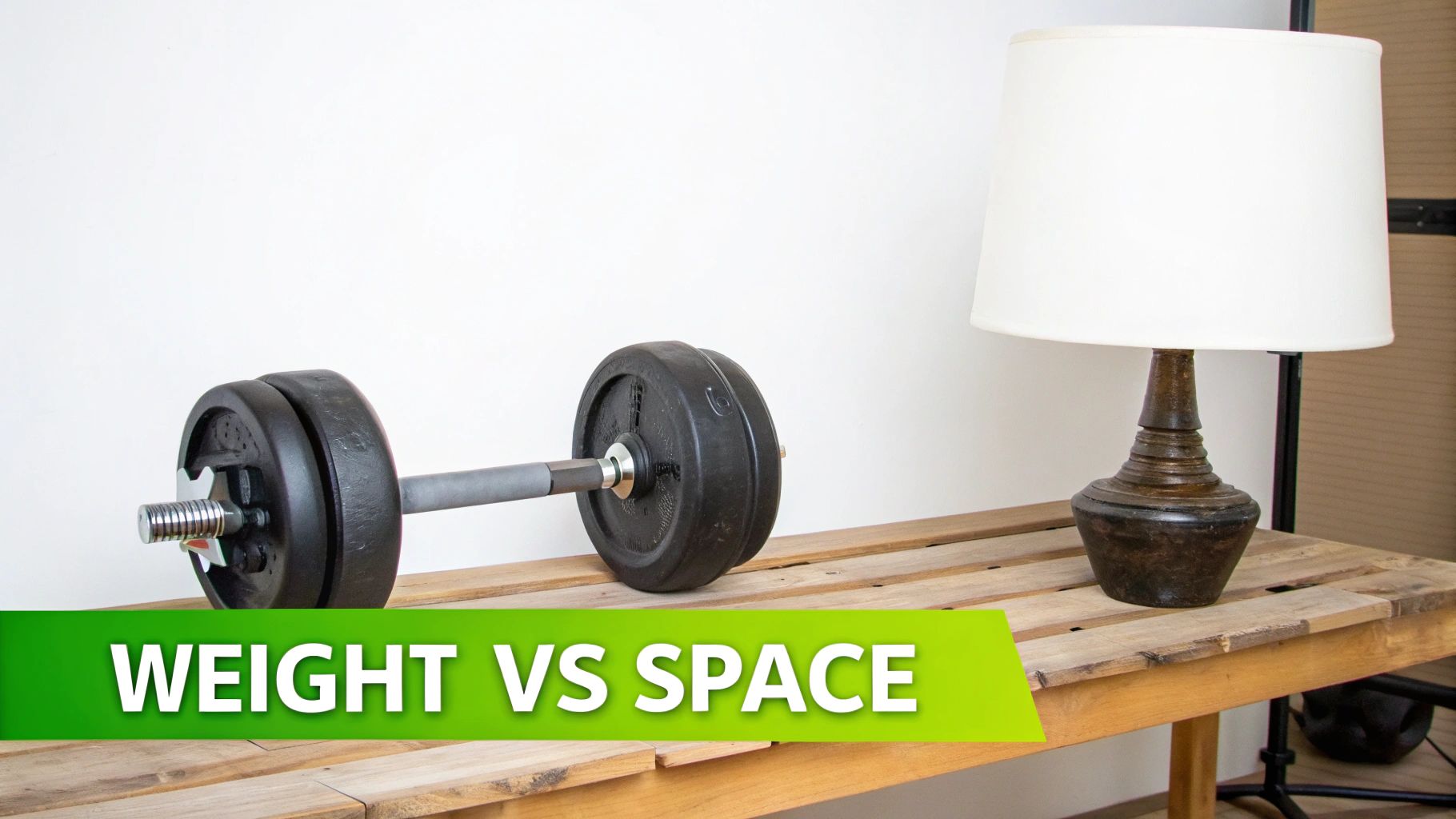 A barbell with black weights and a table lamp on a wooden table against a white wall.