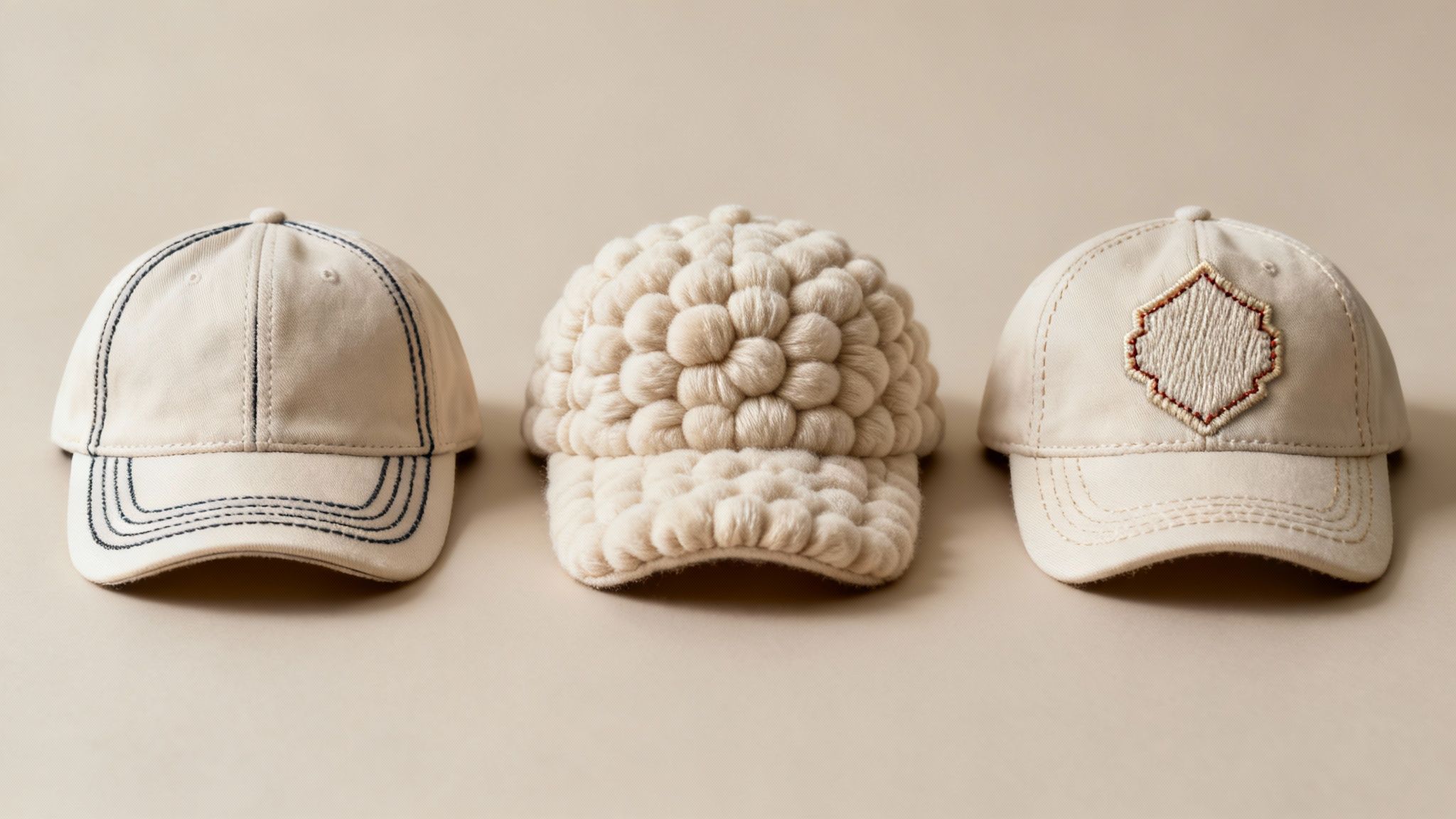Three unique beige and cream baseball caps, including one with textured bobbles and one with embroidery.