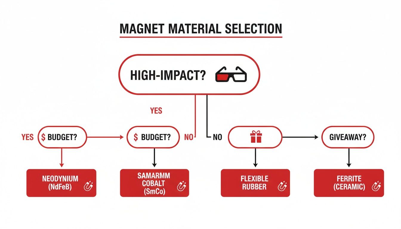 A flowchart detailing magnet material selection based on high-impact, budget, and giveaway criteria.