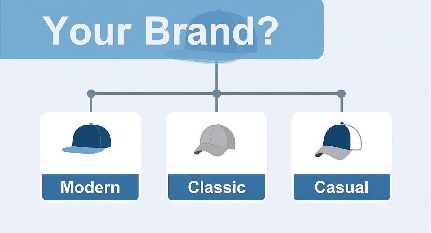 Three different hat styles showing modern snapback, classic baseball cap, and casual trucker hat branding options