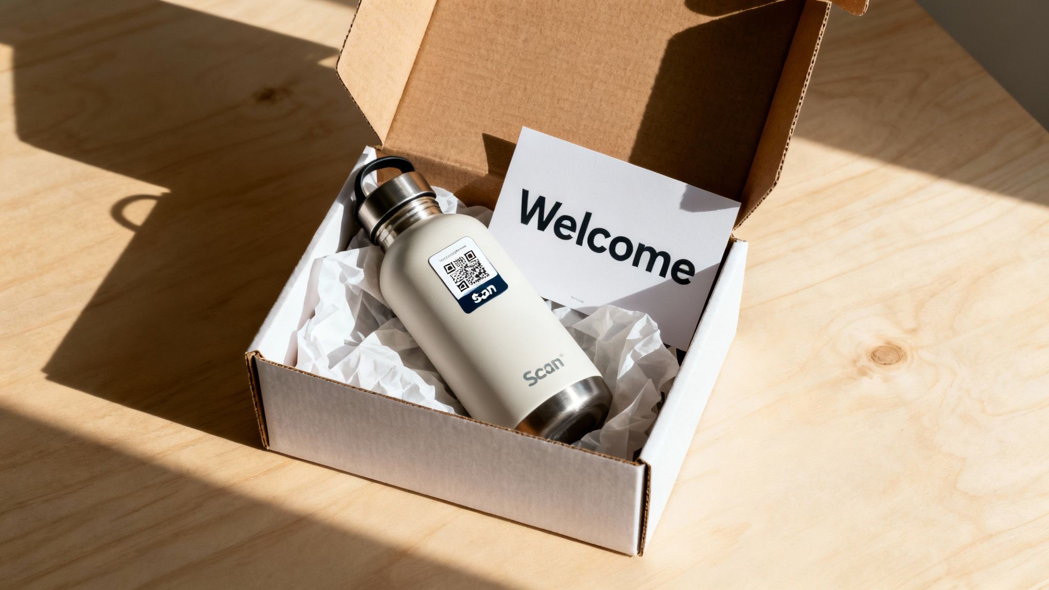 An open cardboard box contains a beige water bottle with a QR code and a welcome card.