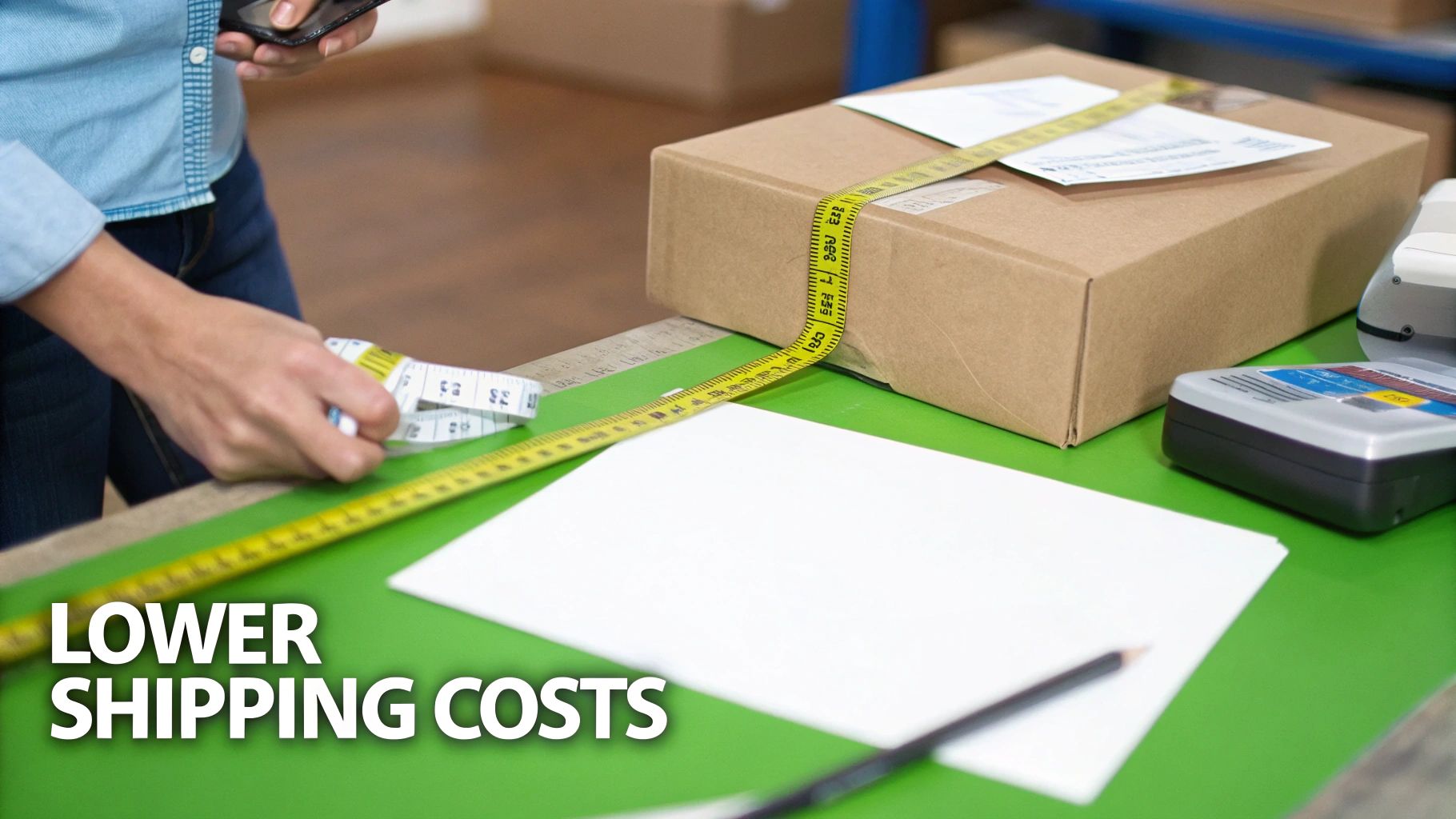 A person measures a cardboard package on a green table with a tape measure to calculate shipping costs.