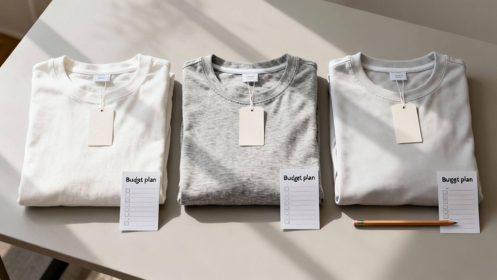 Three folded t-shirts (off-white, grey, light grey) with blank tags and budget checklists on a table.