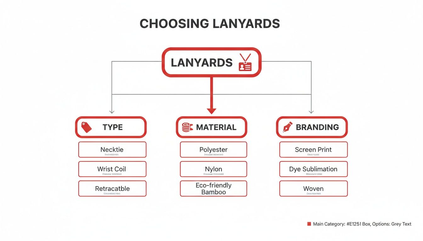 Flowchart illustrating choices for lanyards, categorized by type, material, and branding options.